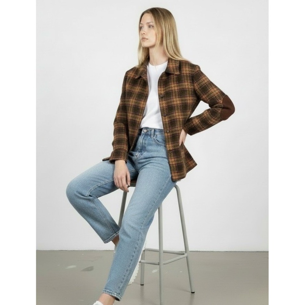 Vintage Gap Plaid Wool Blend Jacket Suede Elbow Patches XS Boxy Retro Heritage